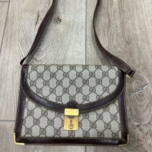 Vintage GUCCI monogram PVC Brown Leather Shoulder Bag Purse / Clutch